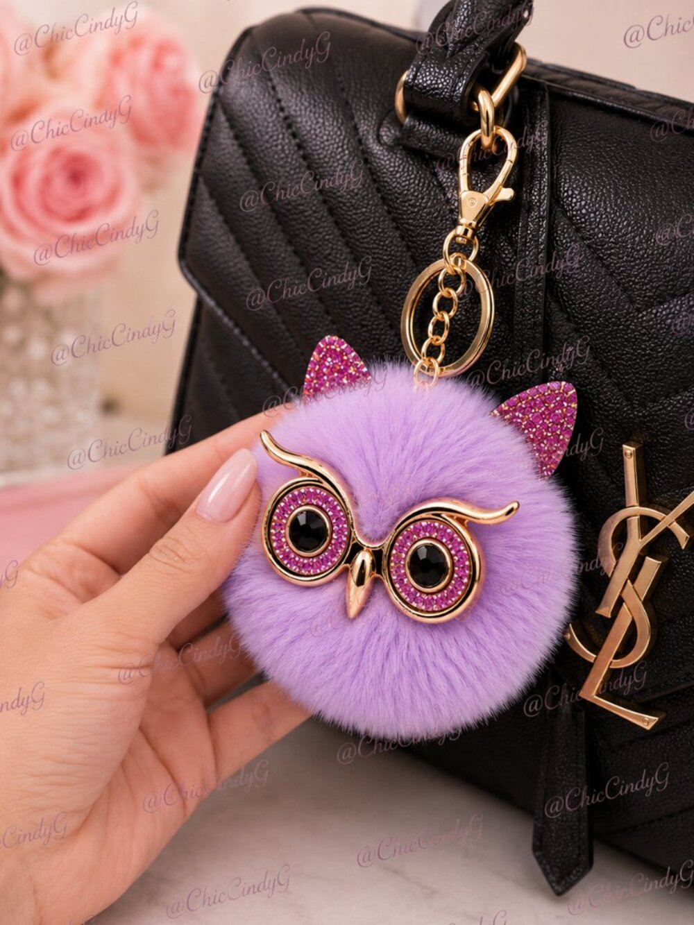 Fluffy Pom Pom Owl with Glasses Keychain or Handbag Charm Purple🦉 - Picture 4 of 4